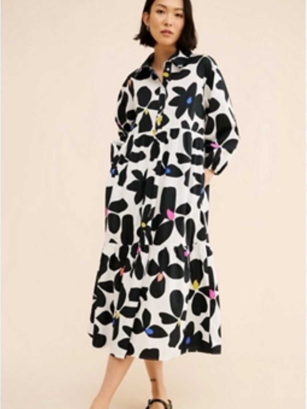 Anthropologie Black and White Floral Maxi Dress with Colorful Accents